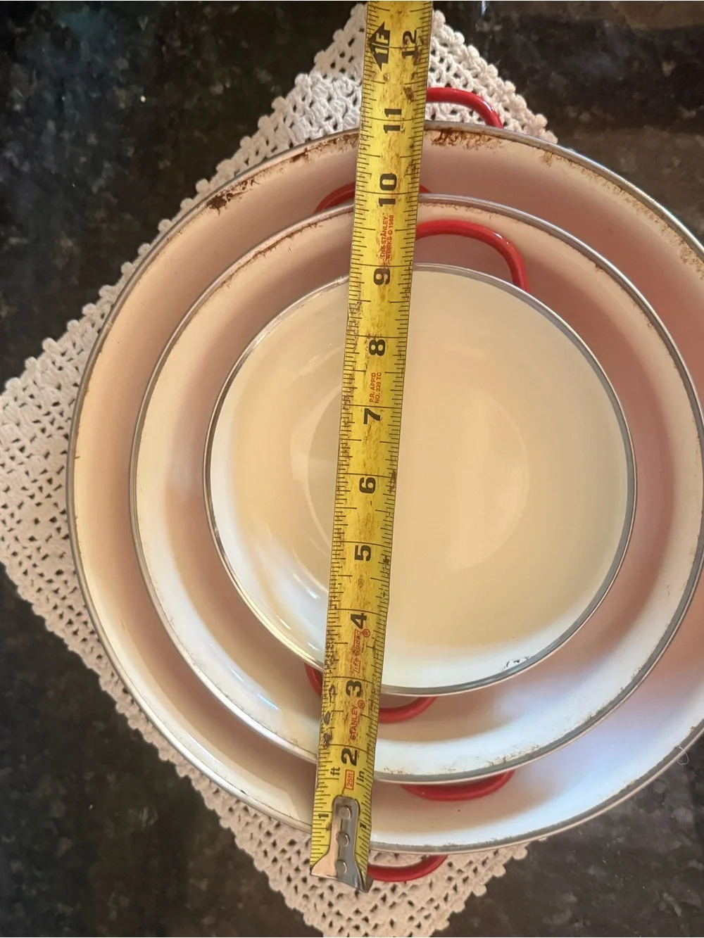 Vintage Granny Core Enamel Red and White 3 Nesting Handled Pans